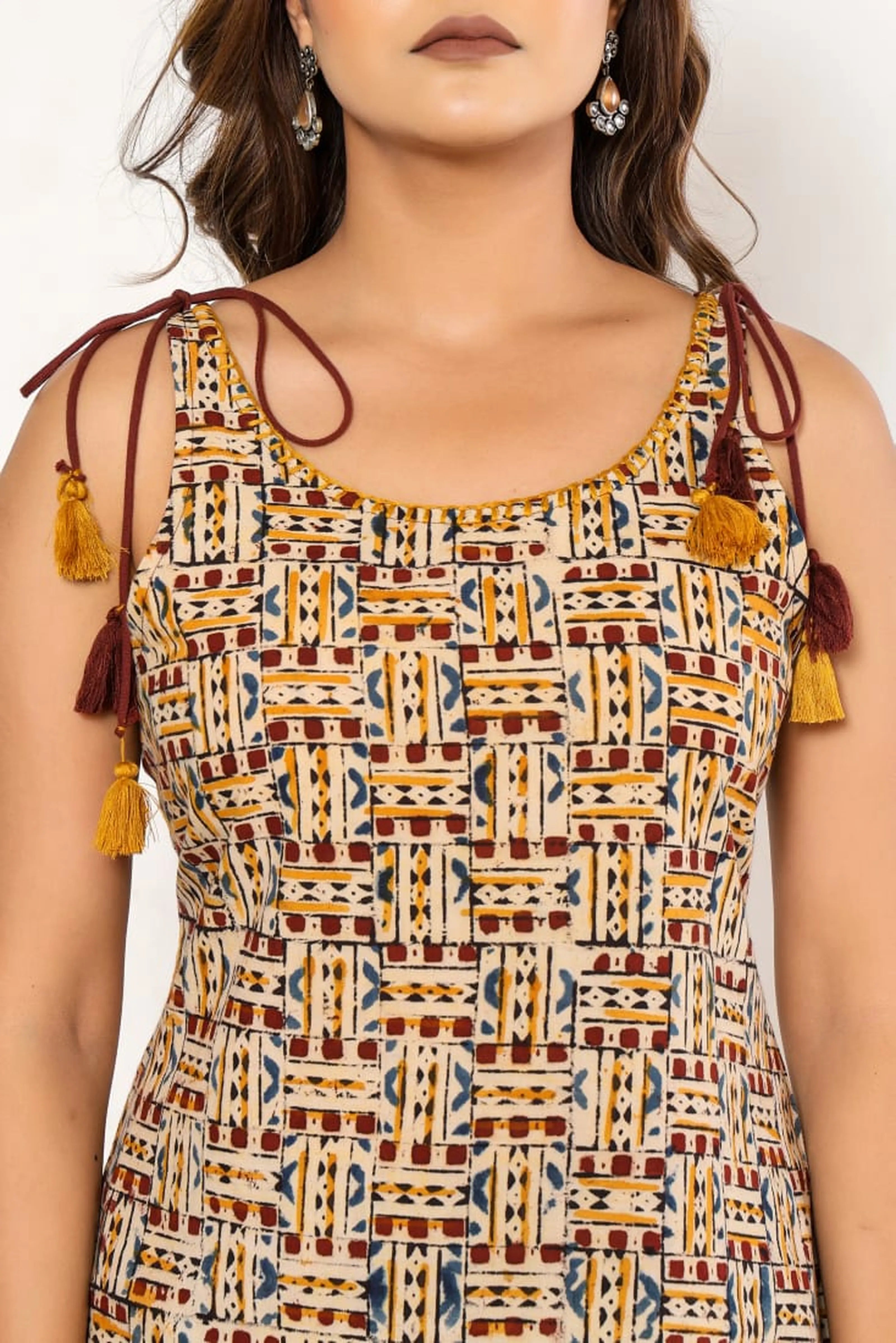 Maroon & Yellow Geometric Sleeveless Cotton Cambric Kurti with Tassels