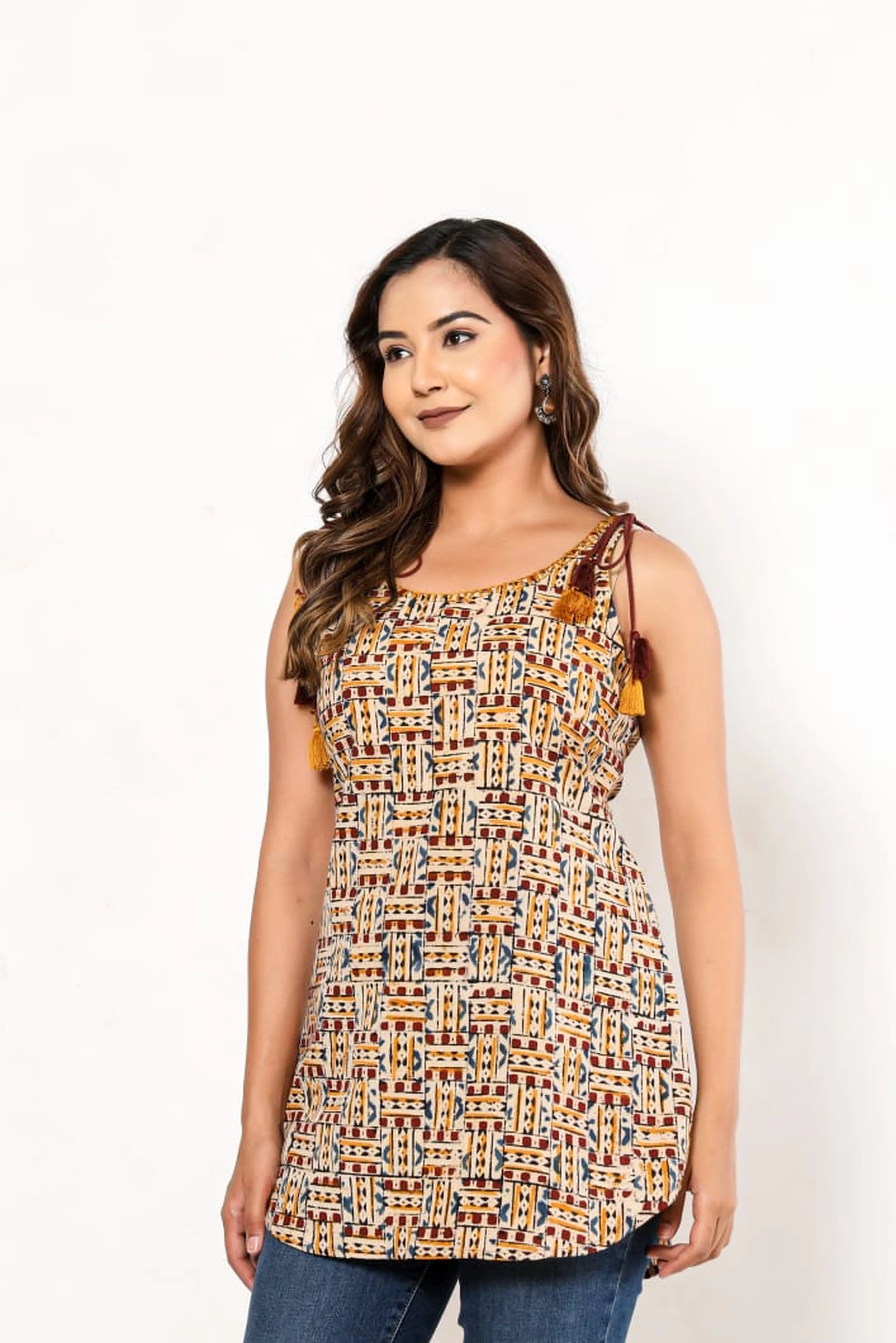 Maroon & Yellow Geometric Sleeveless Cotton Cambric Kurti with Tassels