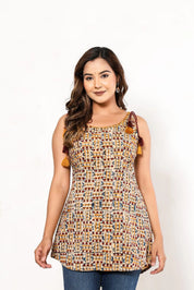 Maroon & Yellow Geometric Sleeveless Cotton Cambric Kurti with Tassels
