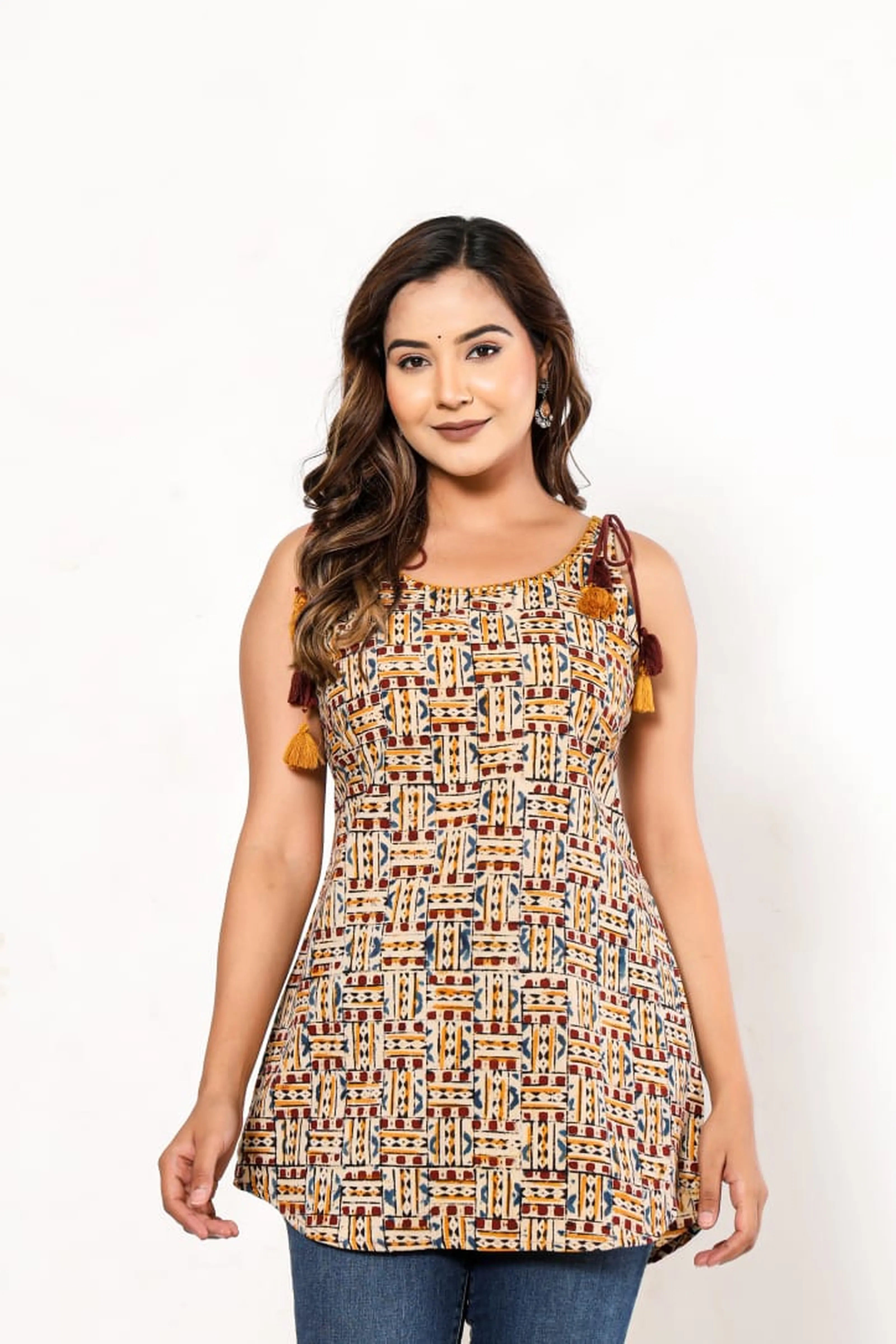 Maroon & Yellow Geometric Sleeveless Cotton Cambric Kurti with Tassels