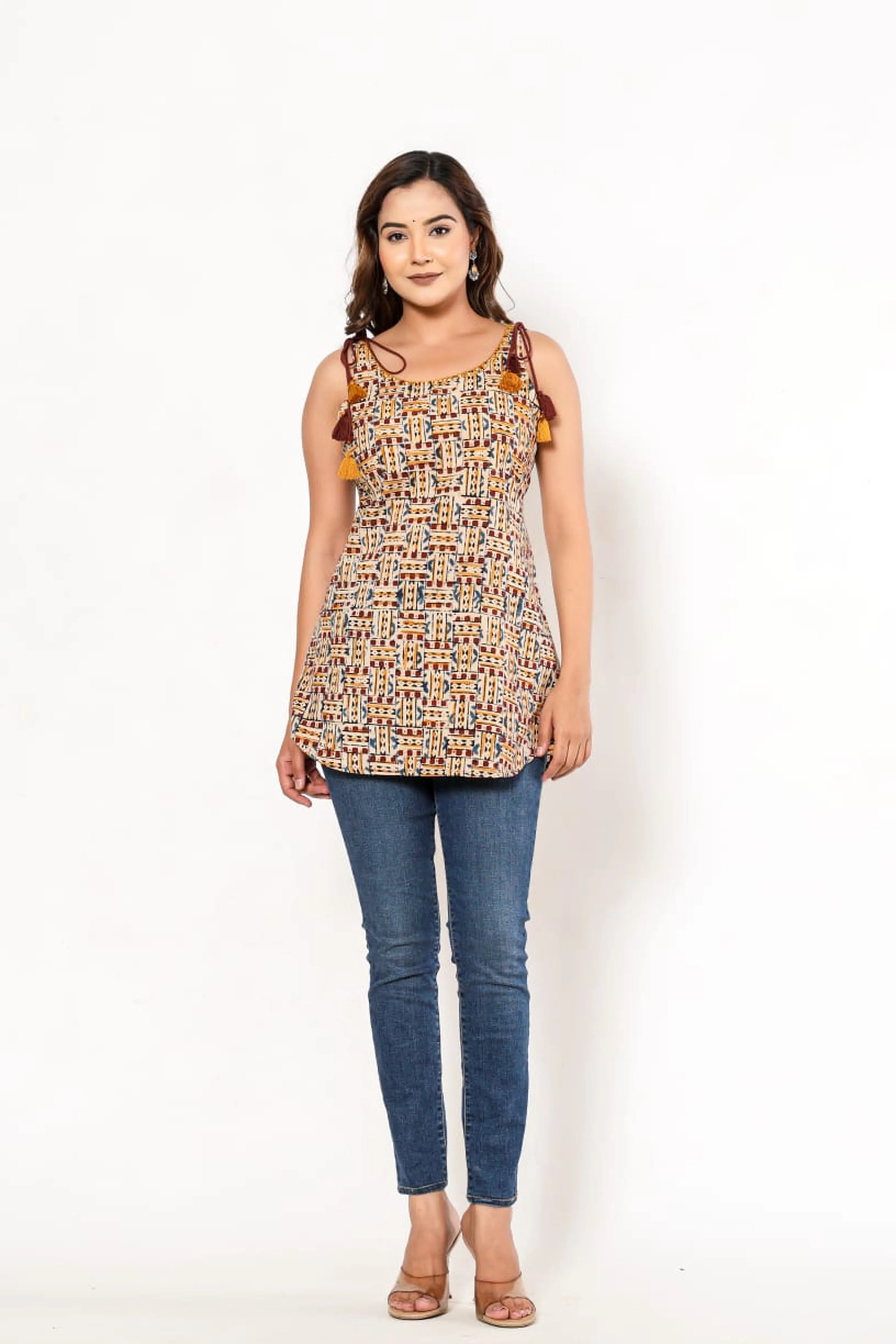 Maroon & Yellow Geometric Sleeveless Cotton Cambric Kurti with Tassels