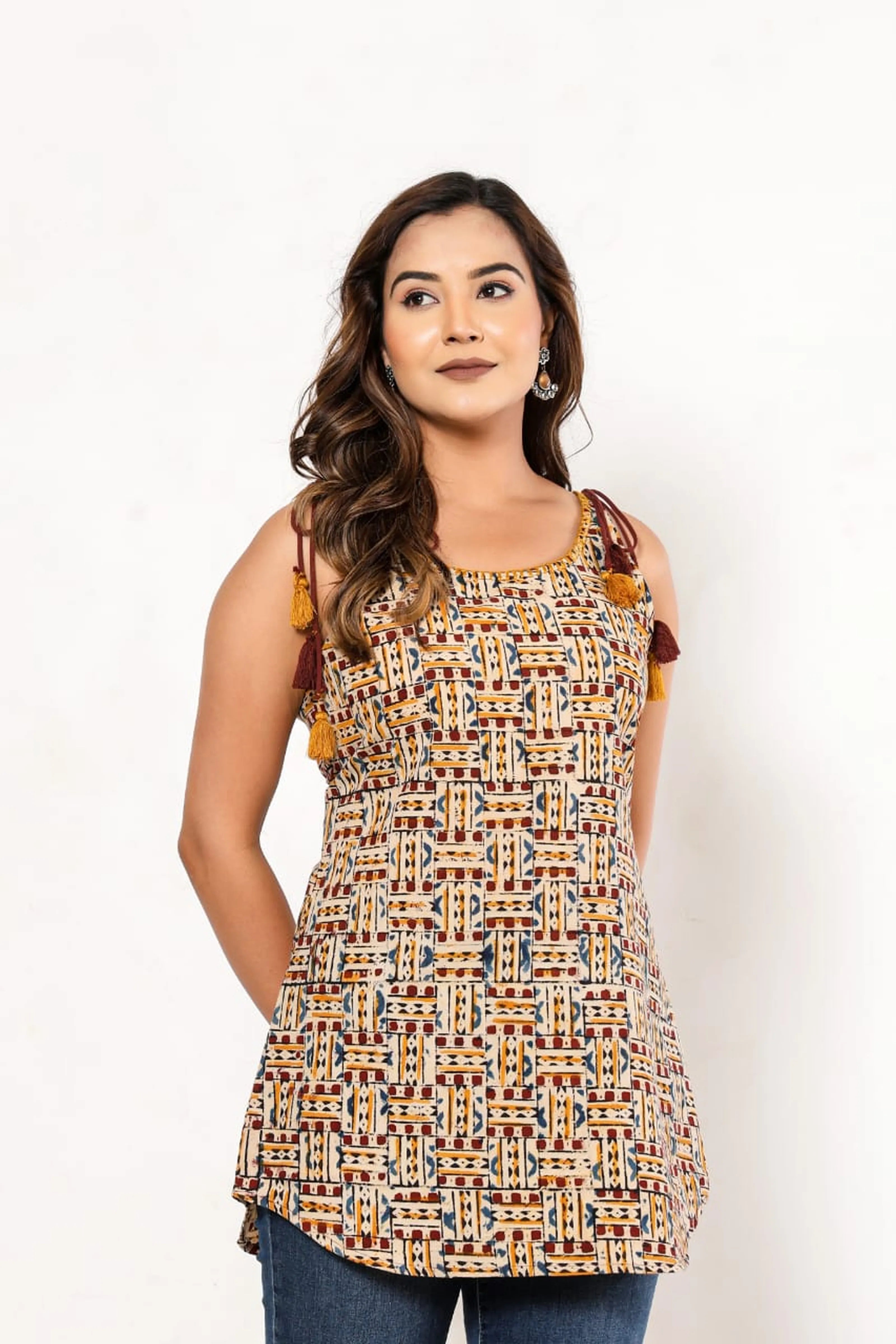 Maroon & Yellow Geometric Sleeveless Cotton Cambric Kurti with Tassels