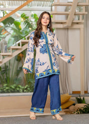 Cream Base Navy Blue Floral Muslin Co-ord Set