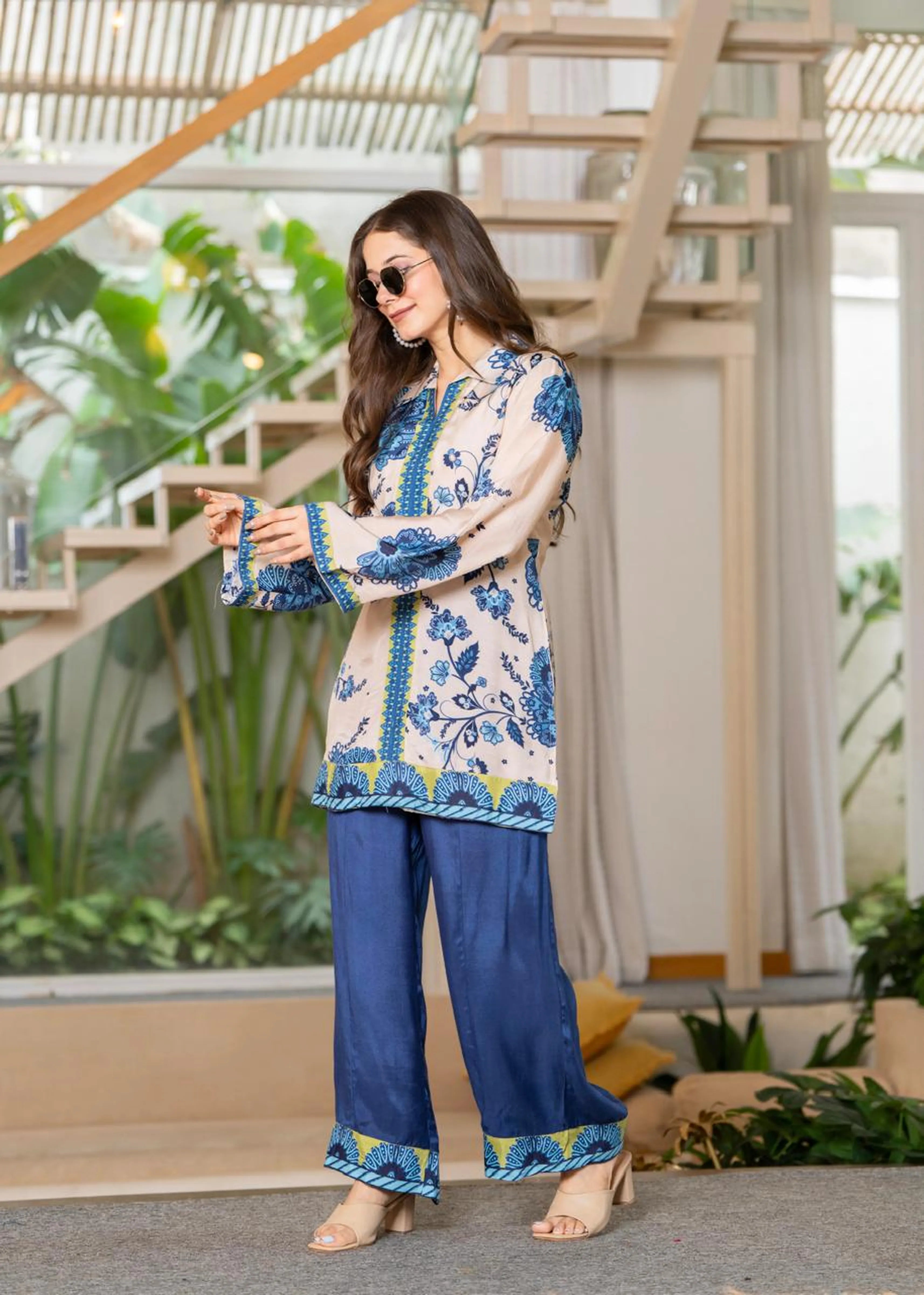 Cream Base Navy Blue Floral Muslin Co-ord Set