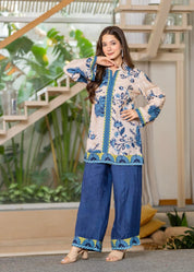 Cream Base Navy Blue Floral Muslin Co-ord Set