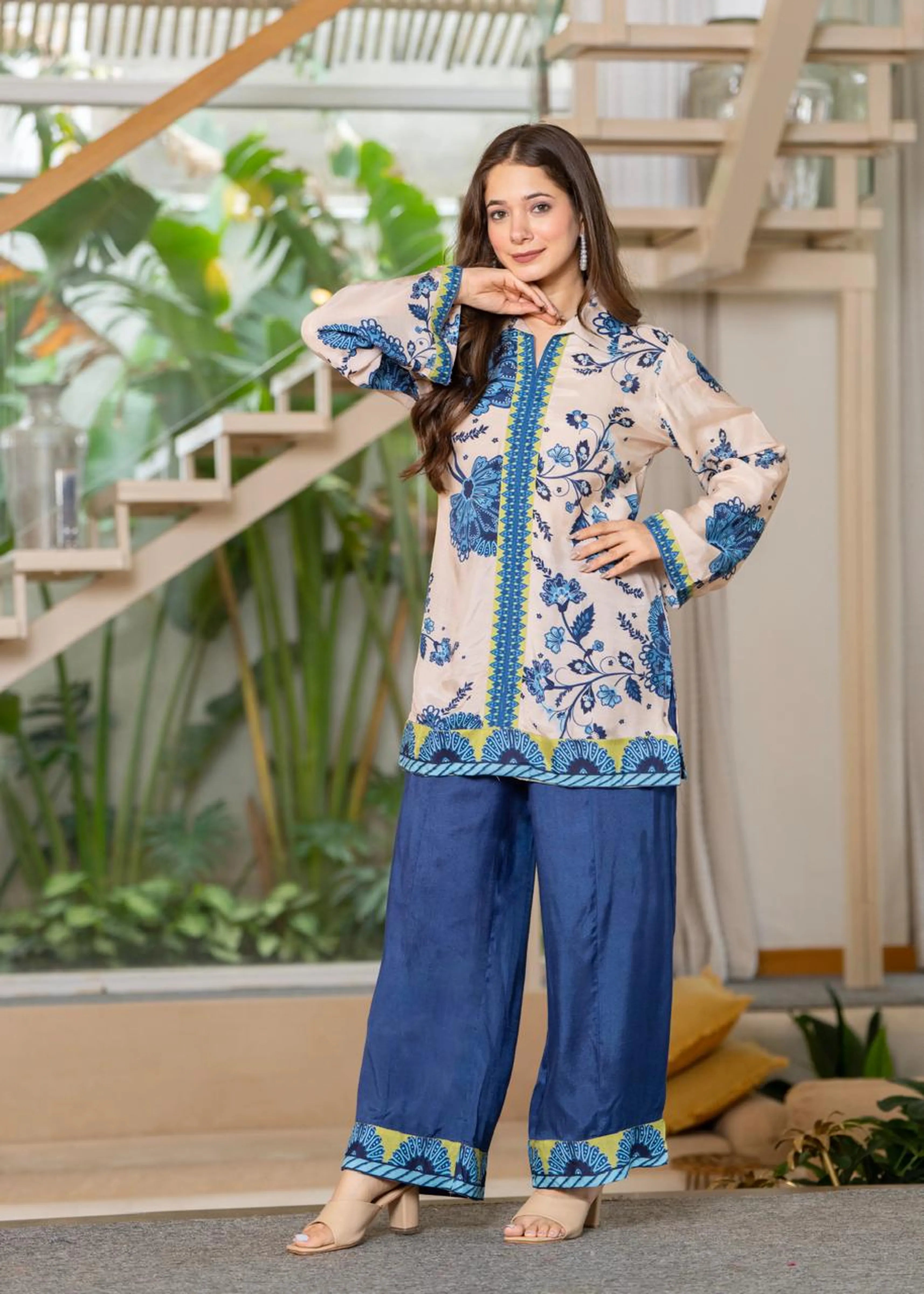 Cream Base Navy Blue Floral Muslin Co-ord Set