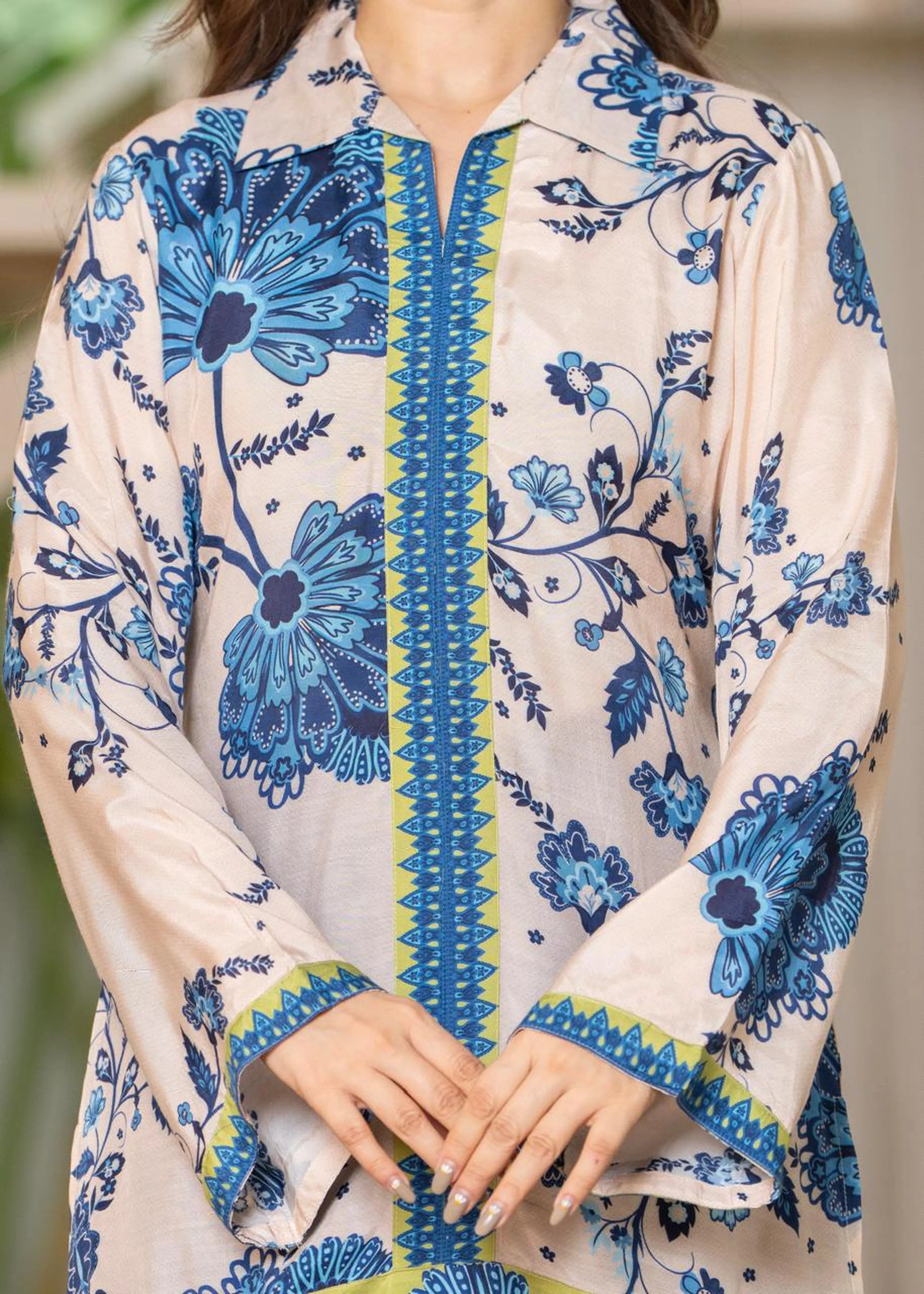 Cream Base Navy Blue Floral Muslin Co-ord Set