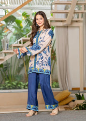 Cream Base Navy Blue Floral Muslin Co-ord Set