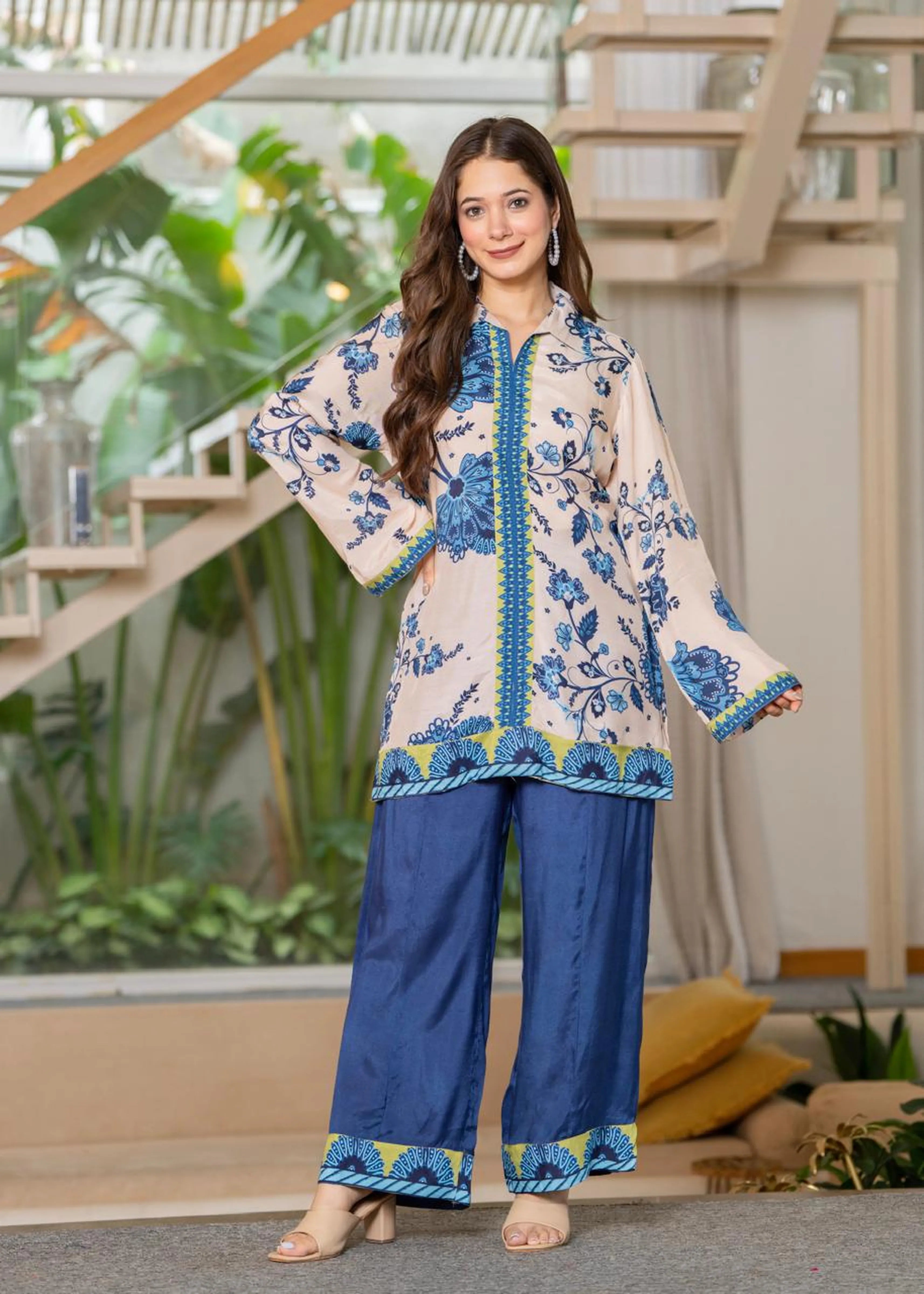 Cream Base Navy Blue Floral Muslin Co-ord Set