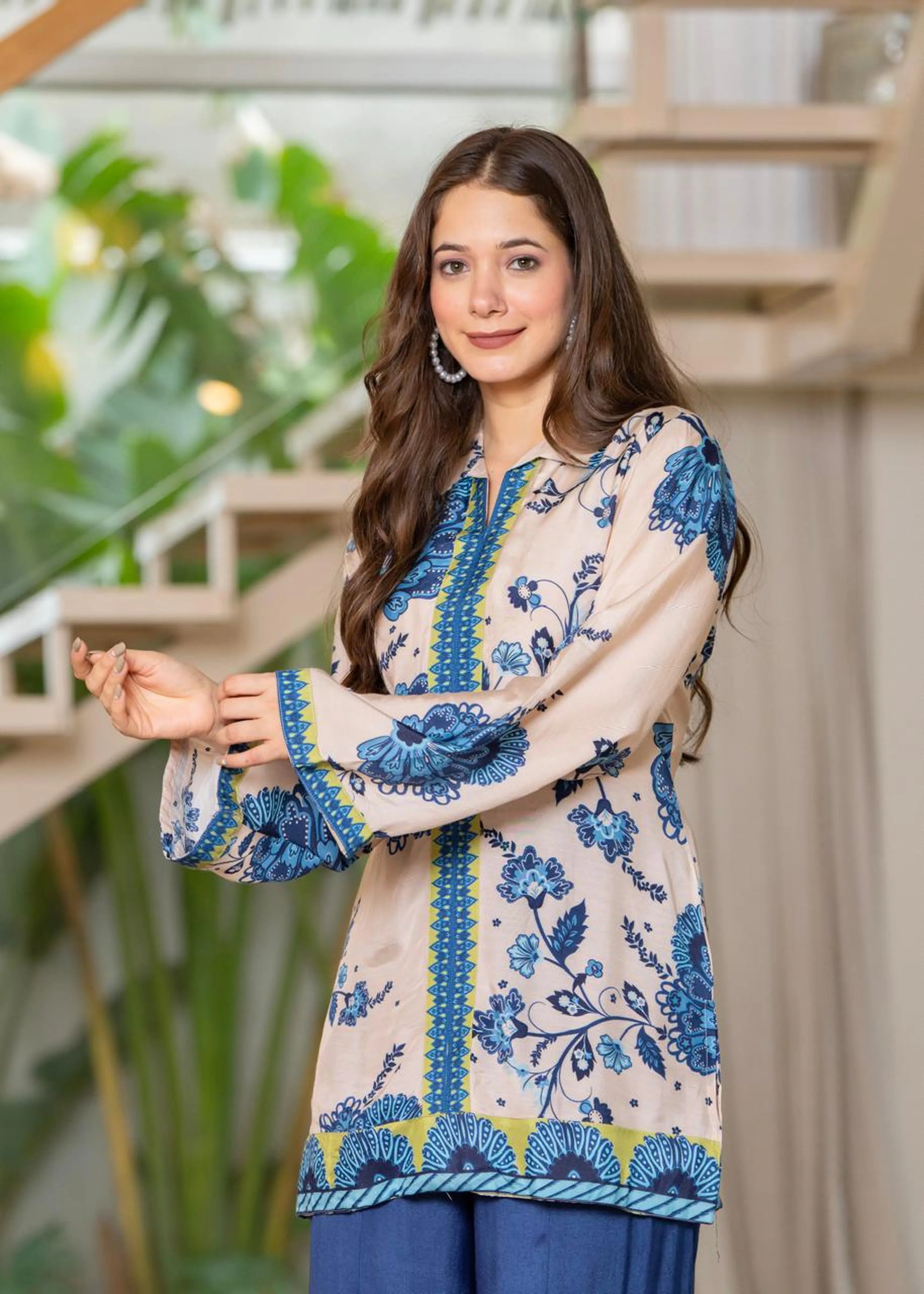 Cream Base Navy Blue Floral Muslin Co-ord Set