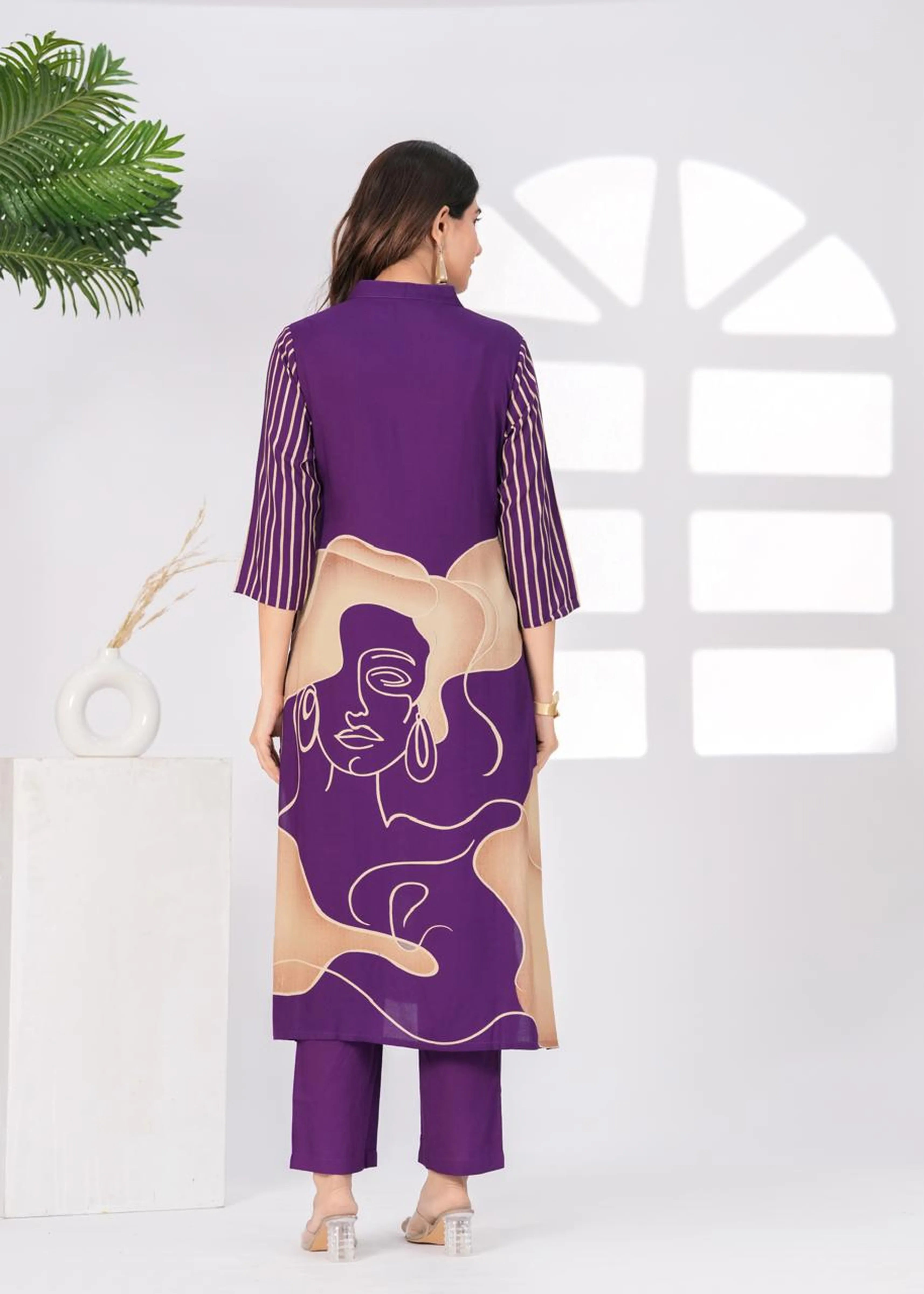 Purple Free Hand Face Print Kurta Set
