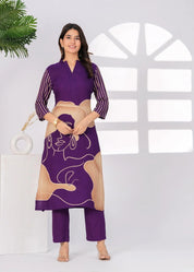 Purple Free Hand Face Print Kurta Set