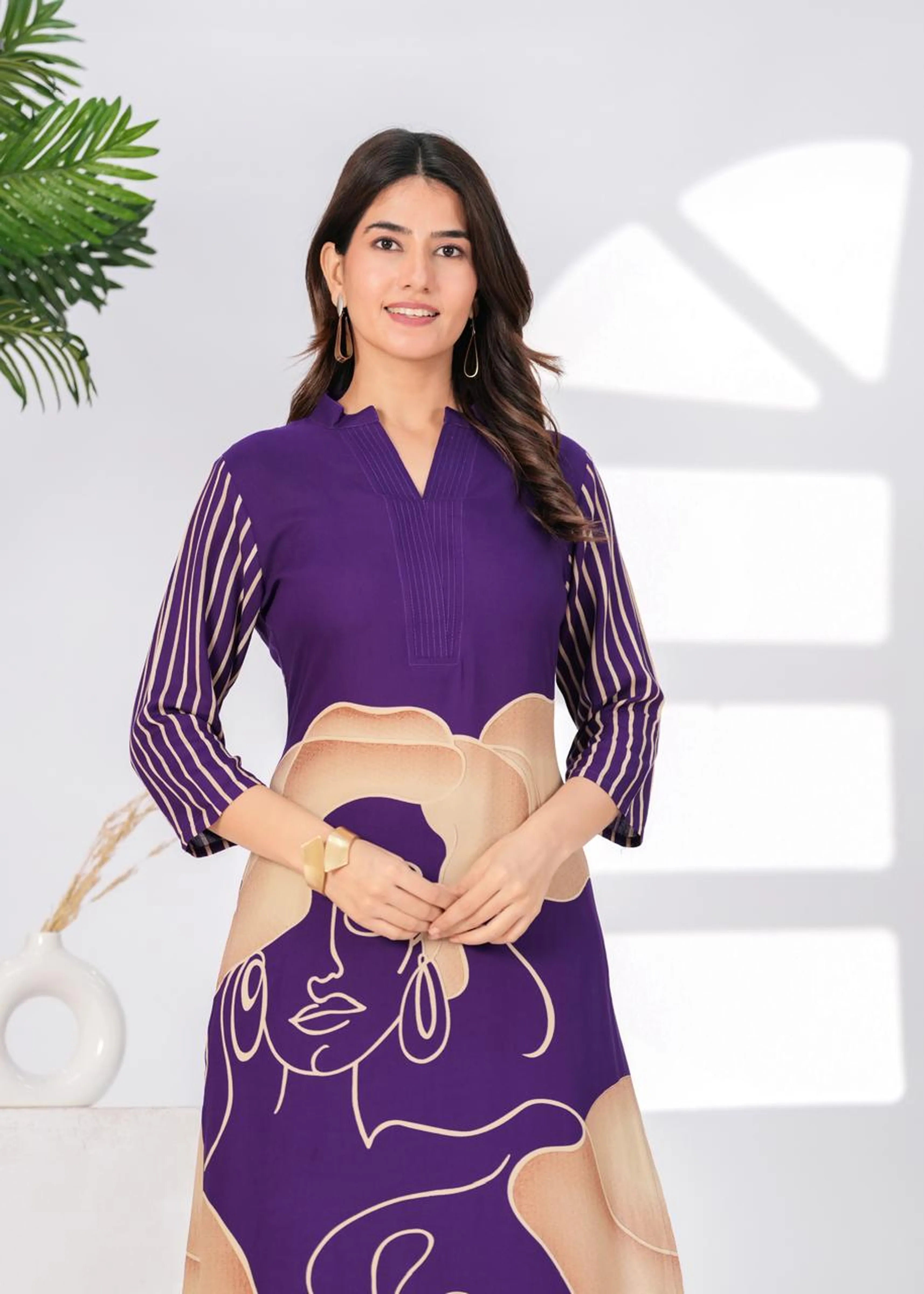 Purple Free Hand Face Print Kurta Set