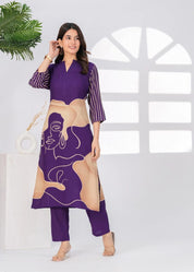 Purple Free Hand Face Print Kurta Set