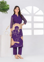 Purple Free Hand Face Print Kurta Set