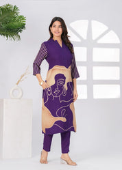 Purple Free Hand Face Print Kurta Set