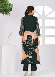 Dark Green Free Hand Face Art Kurta Set