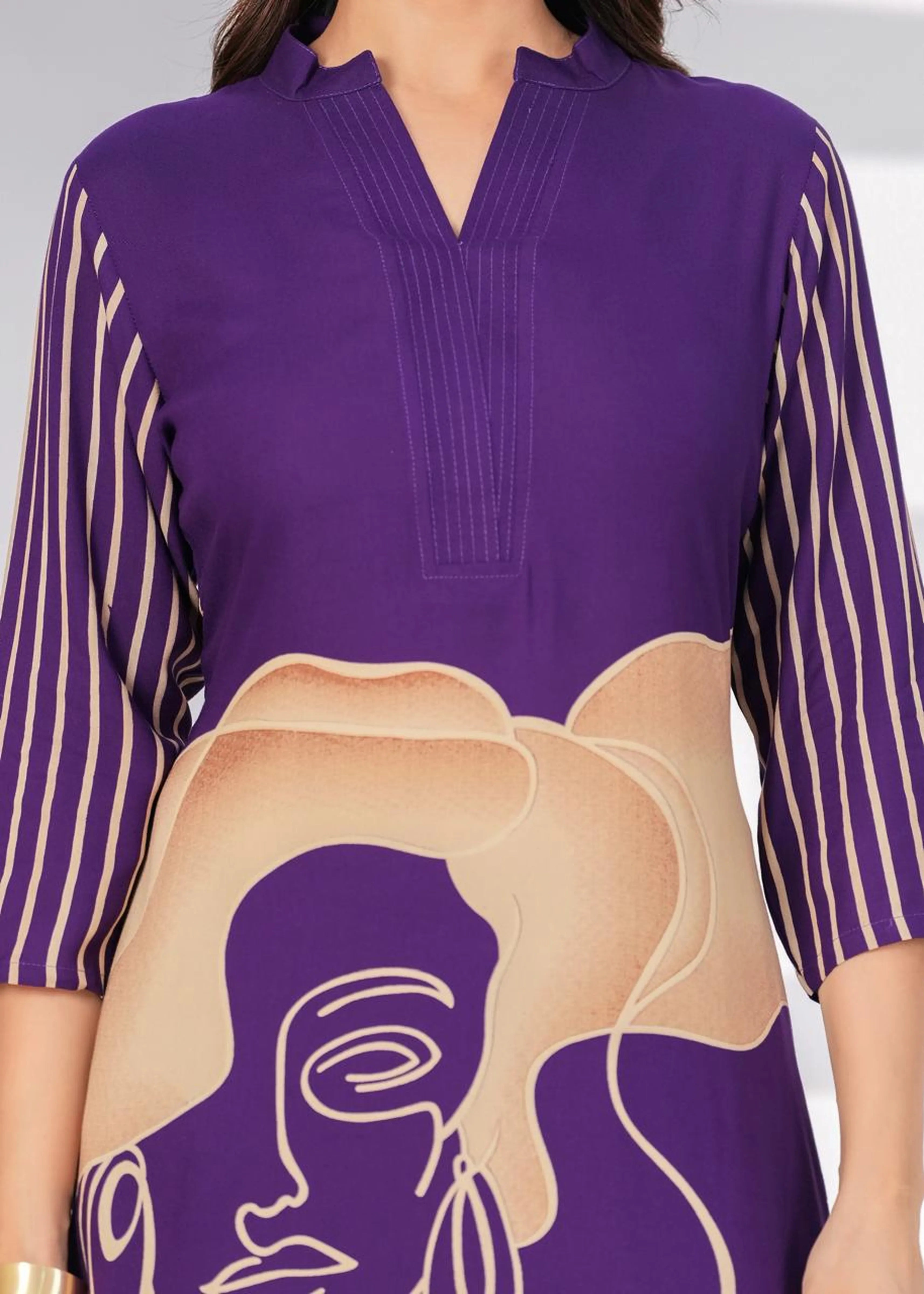 Purple Free Hand Face Print Kurta Set