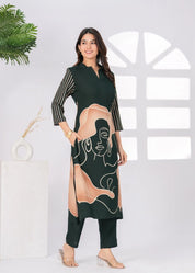 Dark Green Free Hand Face Art Kurta Set
