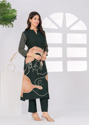 Dark Green Free Hand Face Art Kurta Set