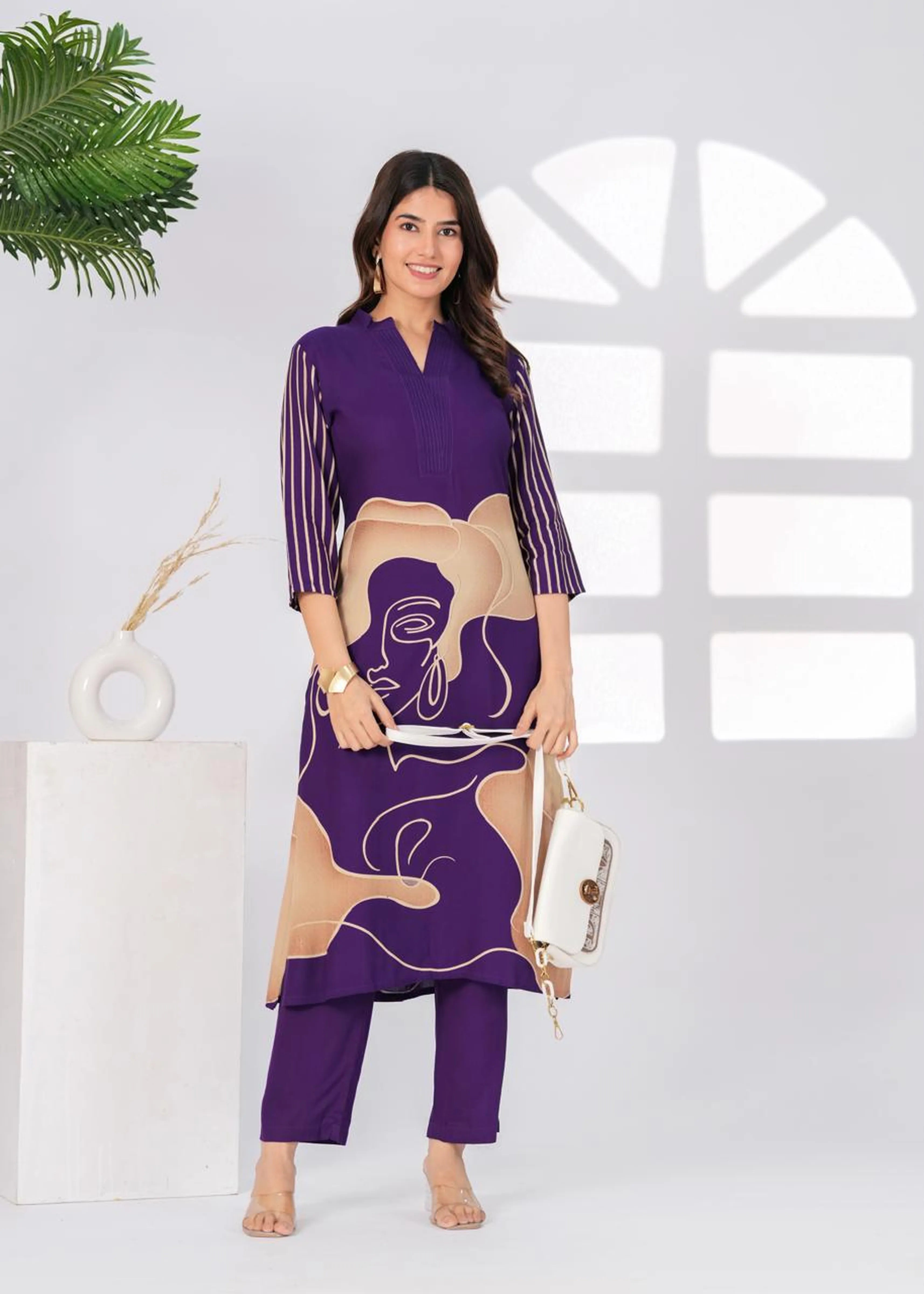 Purple Free Hand Face Print Kurta Set
