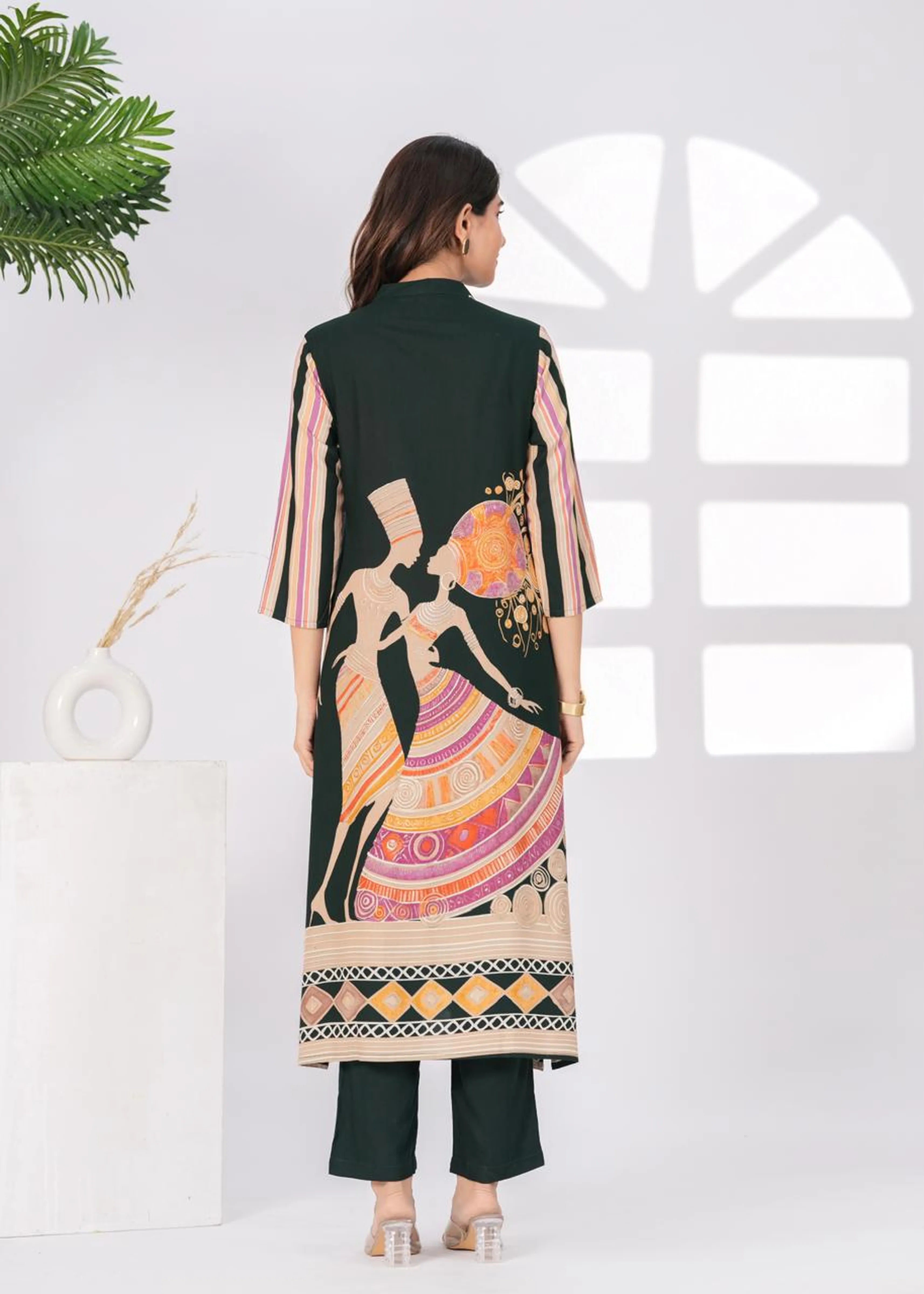 Dark Green African Print Kurta Set
