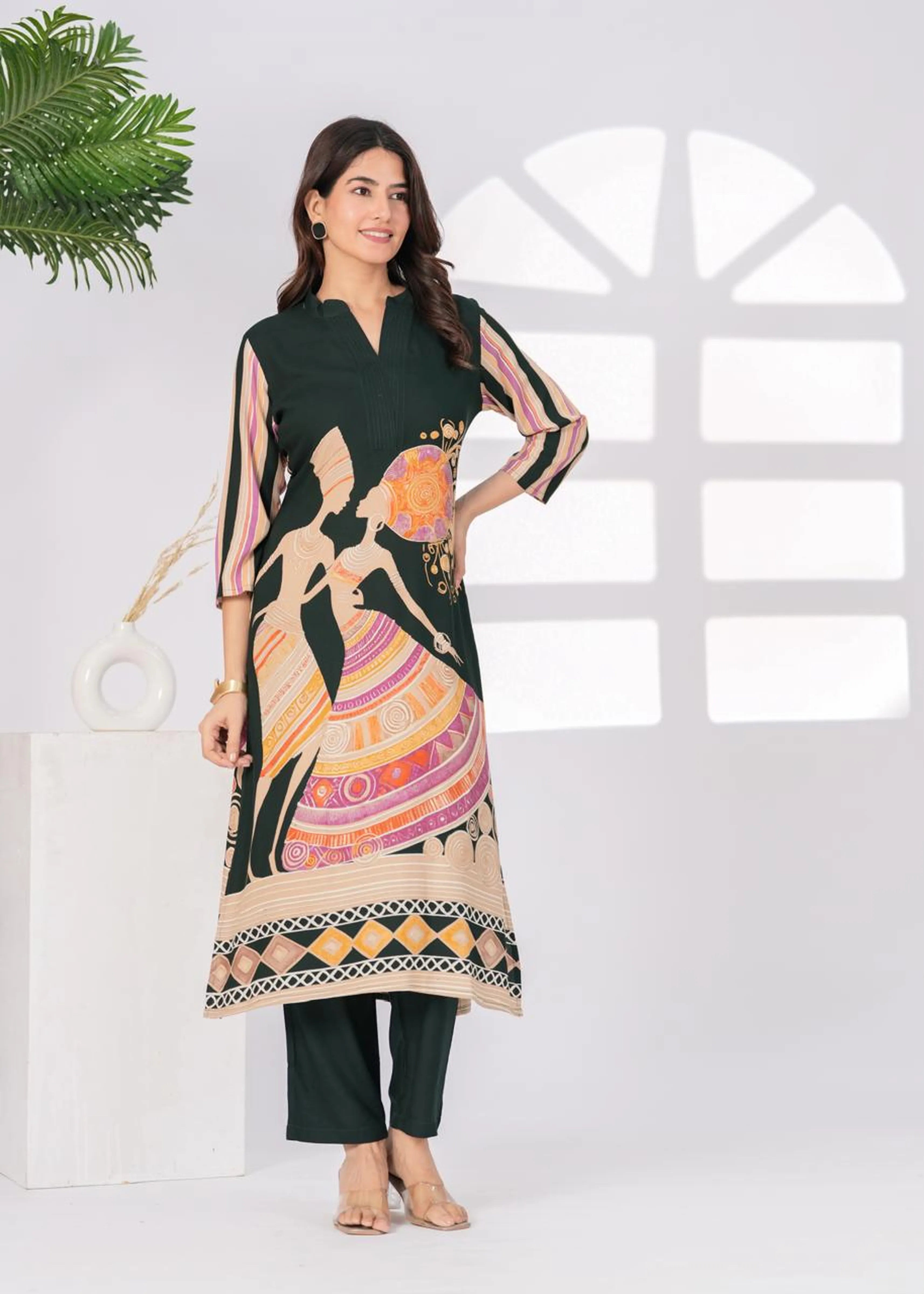 Dark Green African Print Kurta Set