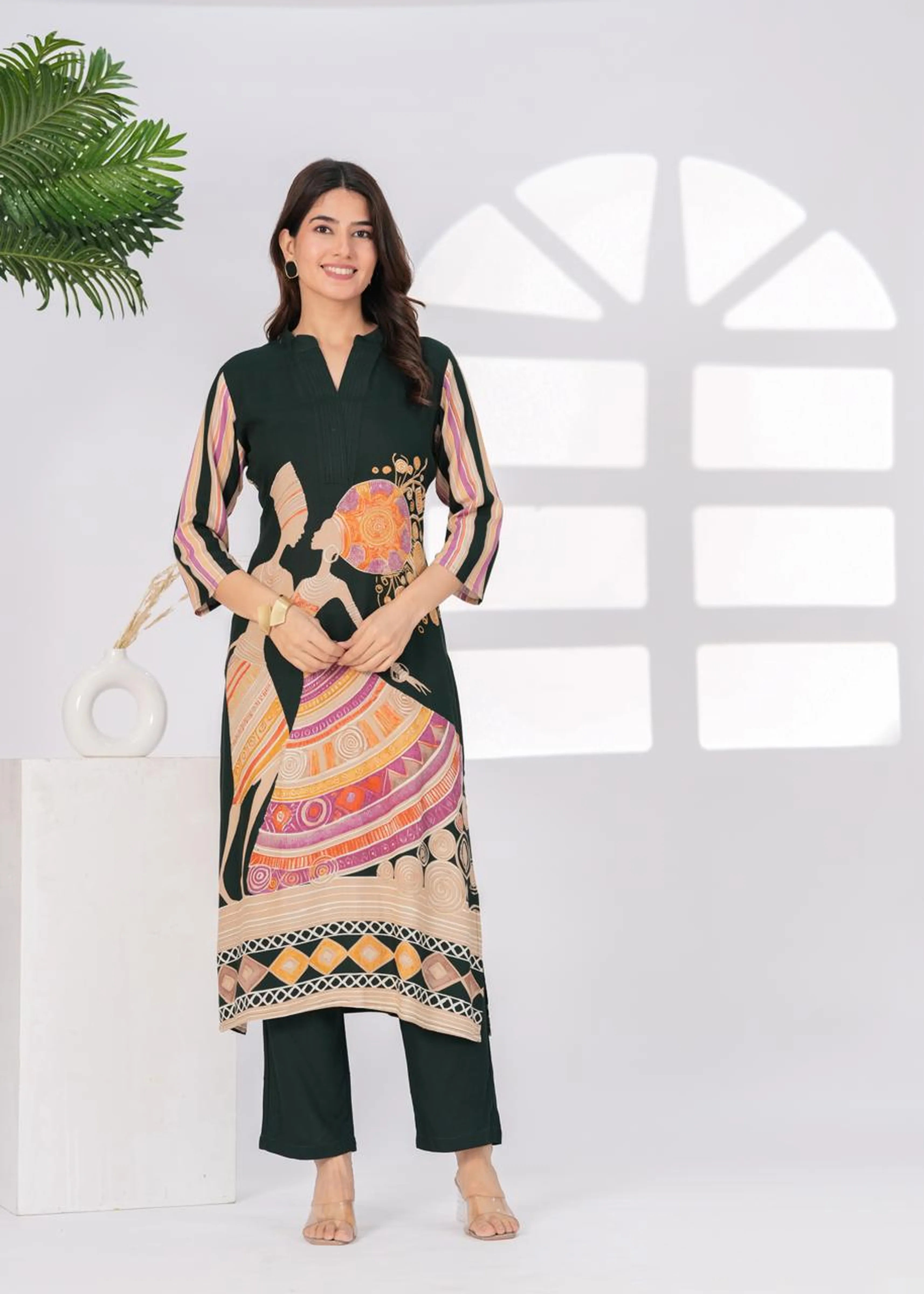 Dark Green African Print Kurta Set