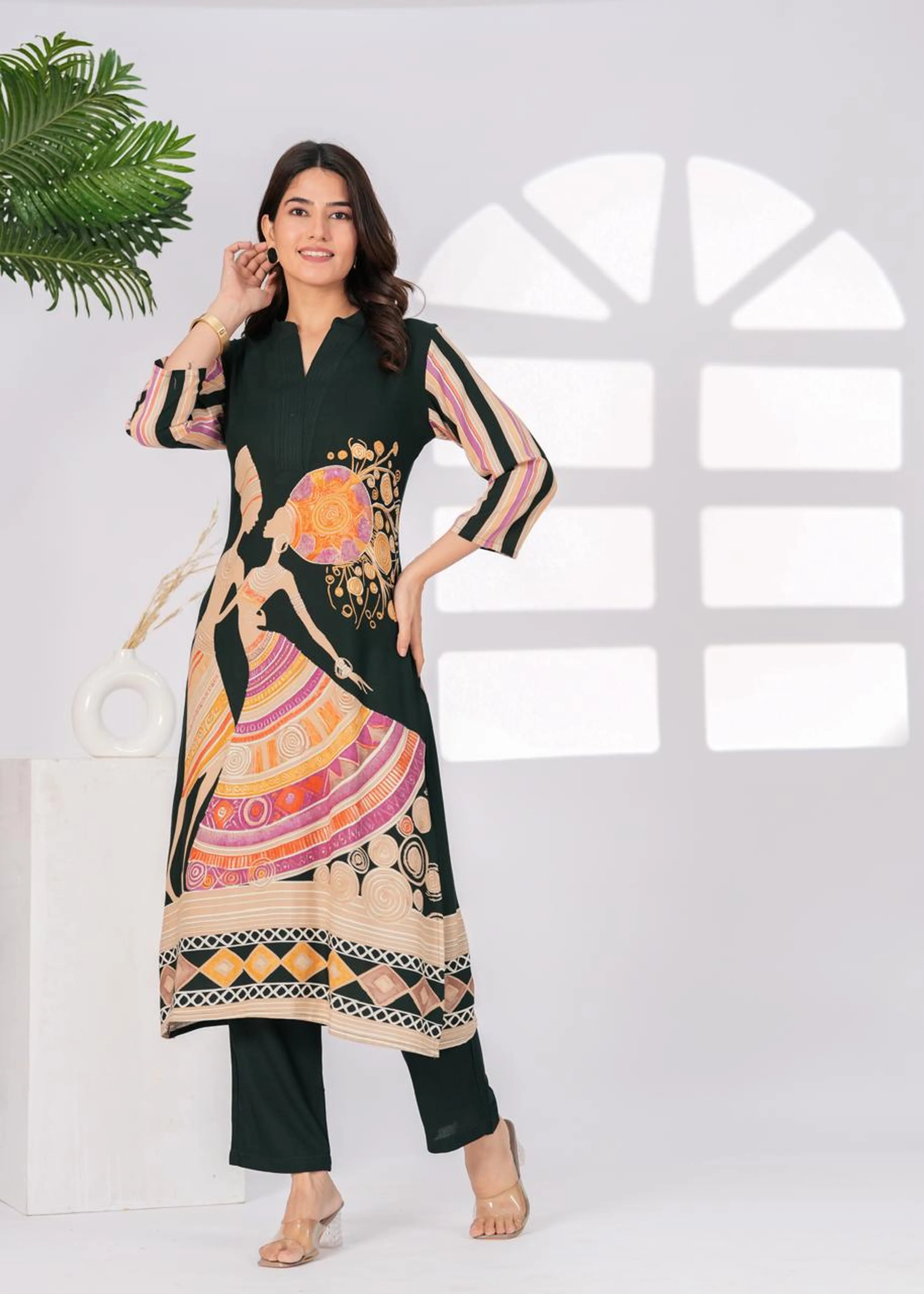 Dark Green African Print Kurta Set