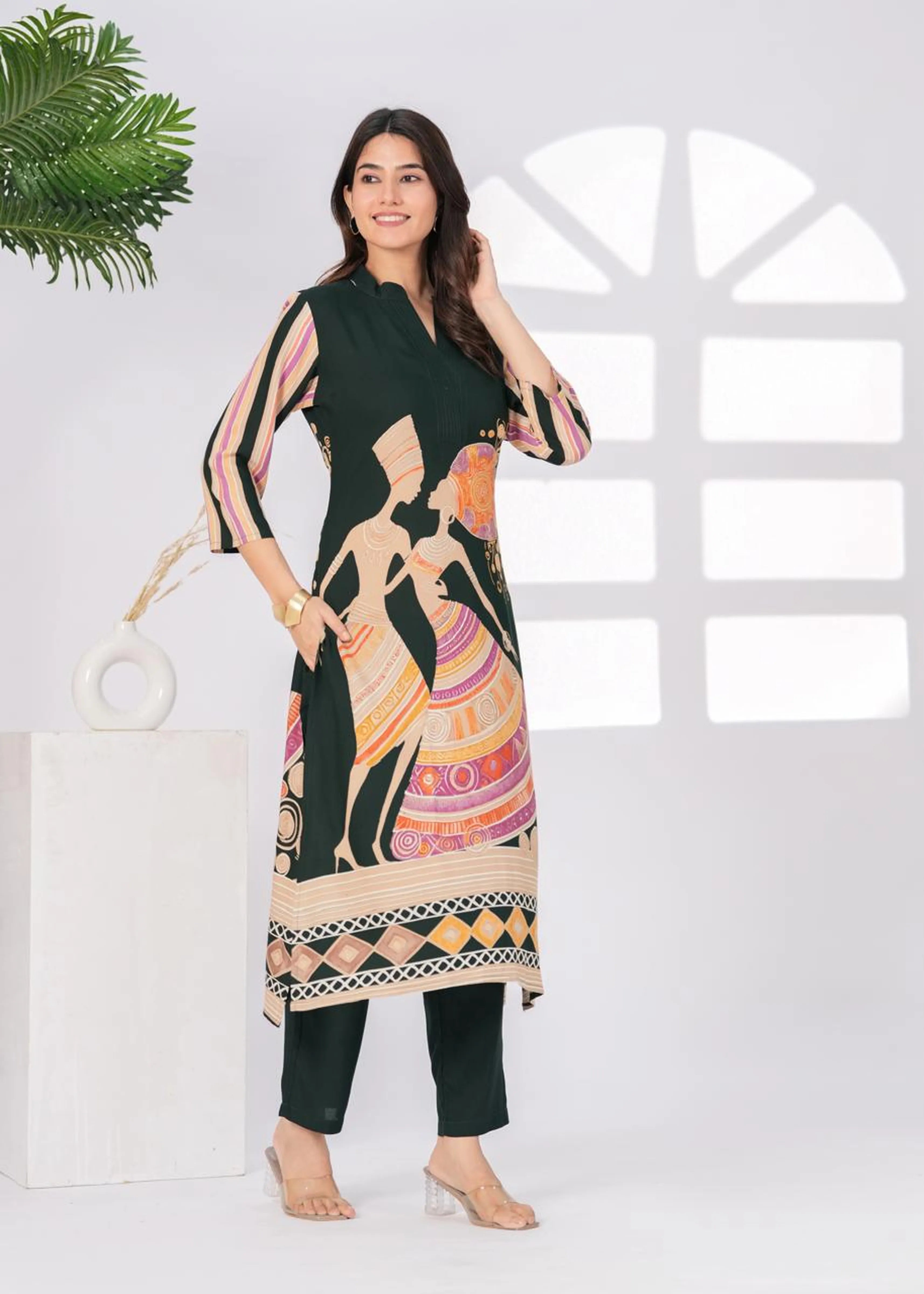 Dark Green African Print Kurta Set