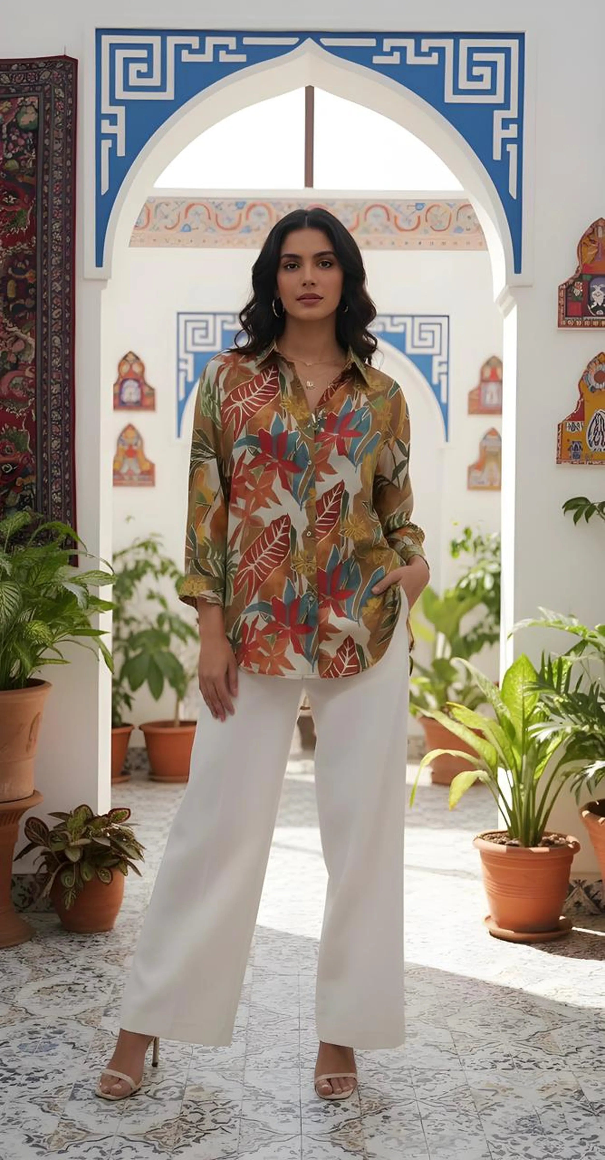 Multicolour Botanical Print Crepe Shirt