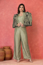 Sage Green Three-Piece Embroidered Co-ord Set with Architectural Cape in Dola Silk