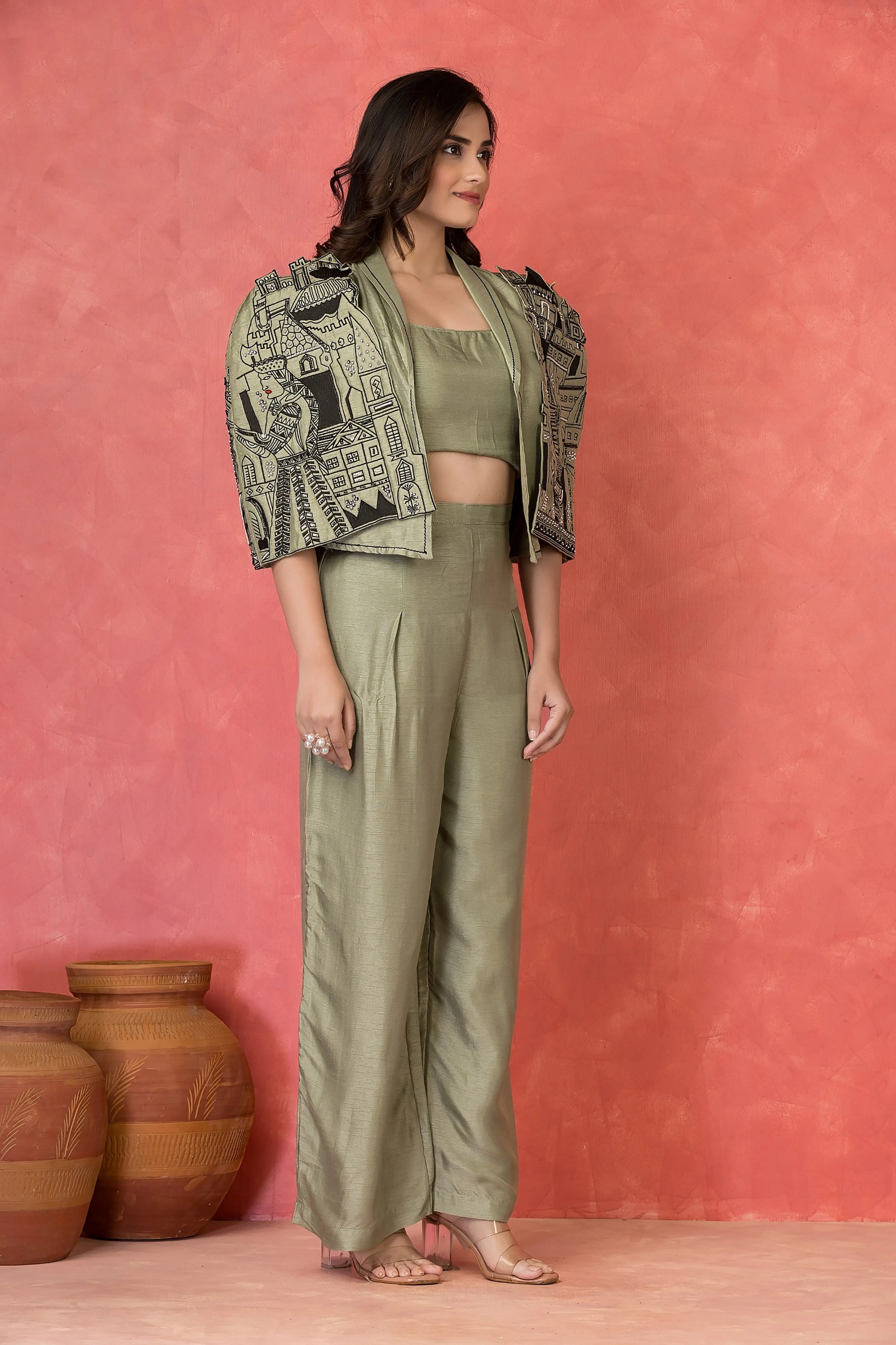 Sage Green Three-Piece Embroidered Co-ord Set with Architectural Cape in Dola Silk