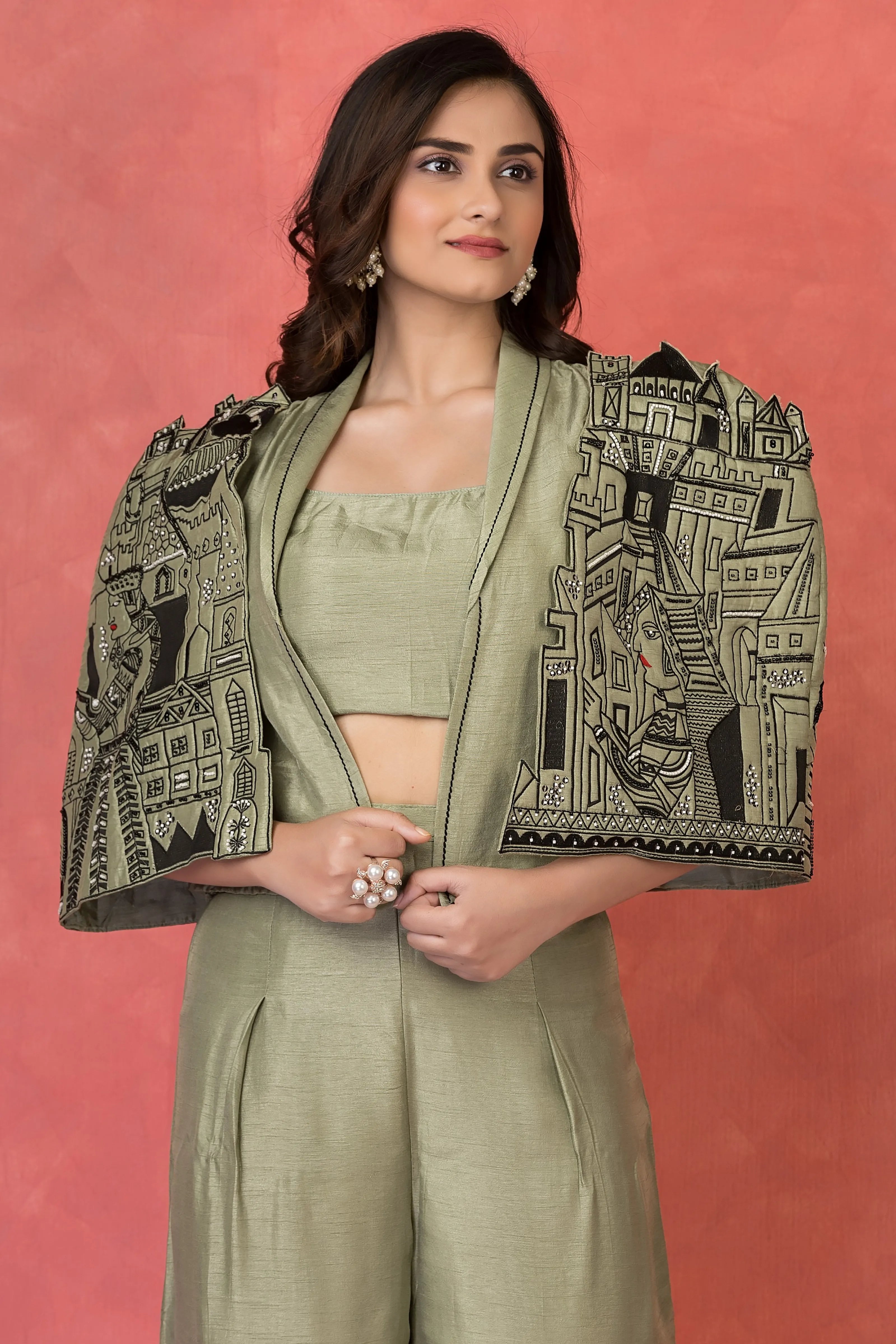 Sage Green Three-Piece Embroidered Co-ord Set with Architectural Cape in Dola Silk