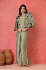 Sage Green Three-Piece Embroidered Co-ord Set with Architectural Cape in Dola Silk