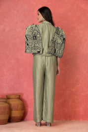 Sage Green Three-Piece Embroidered Co-ord Set with Architectural Cape in Dola Silk