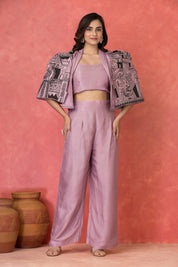 Lilac Three-Piece Embroidered Co-ord Set with Architectural Cape in Dola Silk