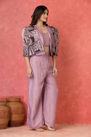 Lilac Three-Piece Embroidered Co-ord Set with Architectural Cape in Dola Silk