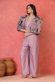 Lilac Three-Piece Embroidered Co-ord Set with Architectural Cape in Dola Silk
