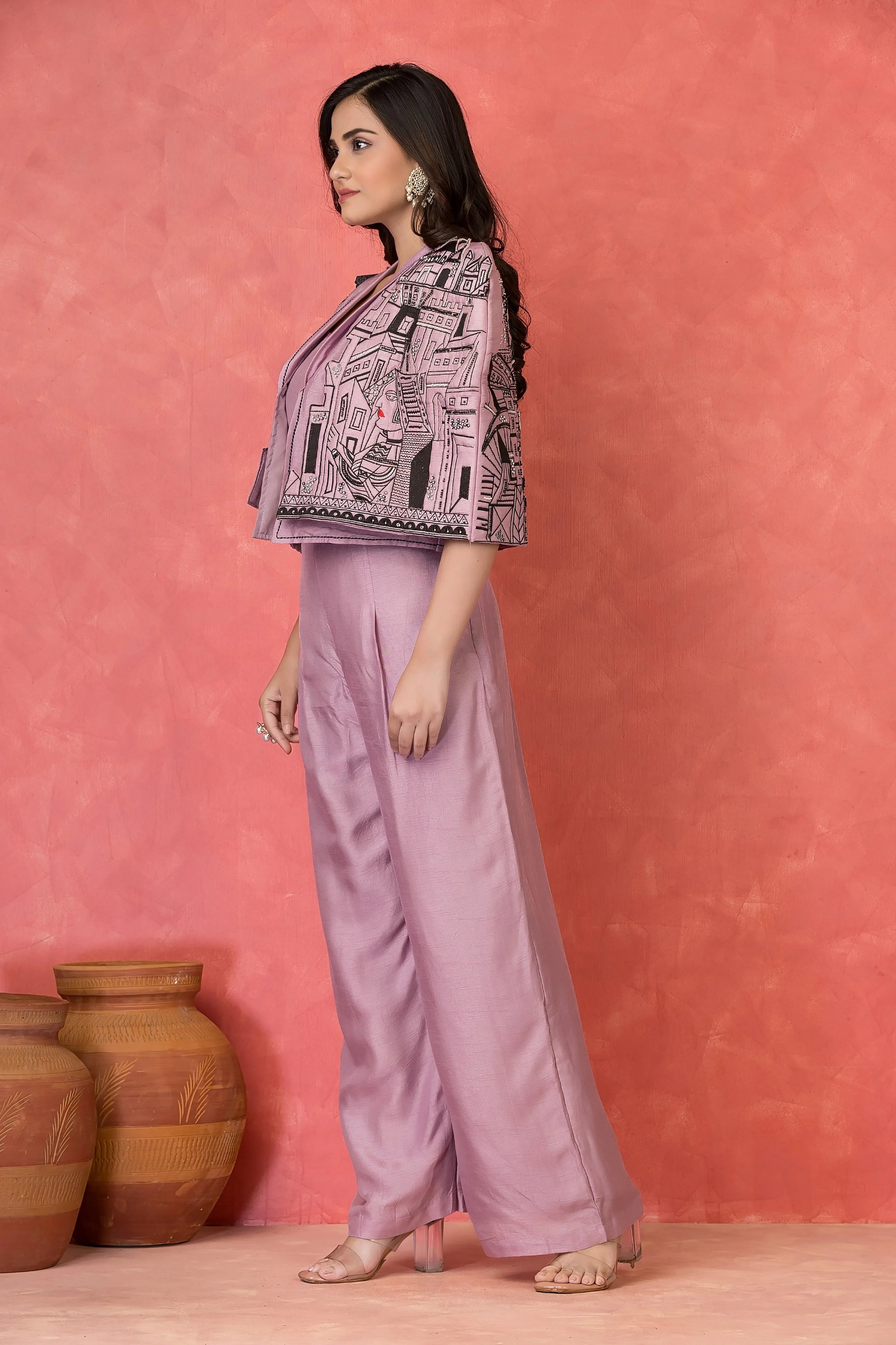Lilac Three-Piece Embroidered Co-ord Set with Architectural Cape in Dola Silk