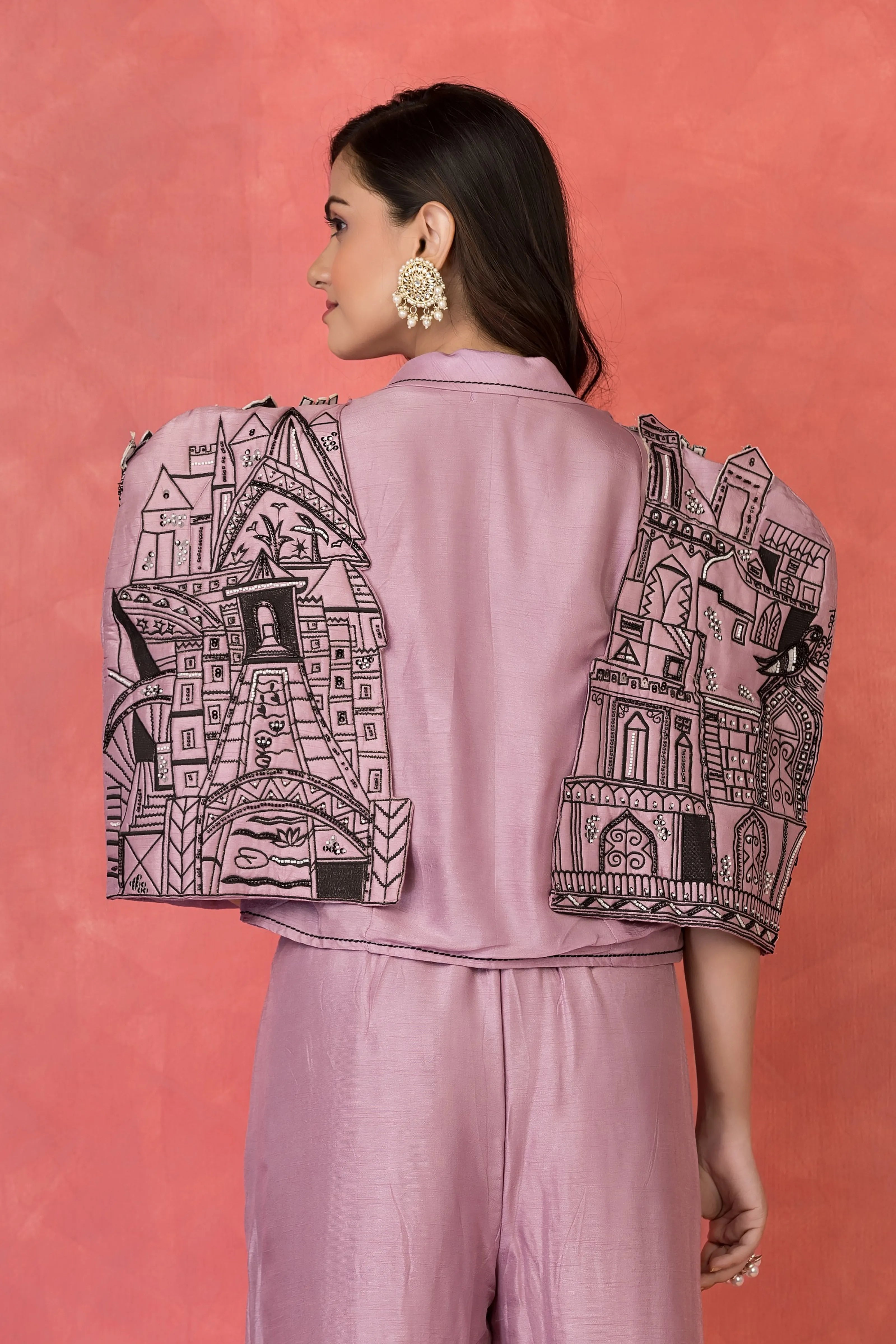 Lilac Three-Piece Embroidered Co-ord Set with Architectural Cape in Dola Silk