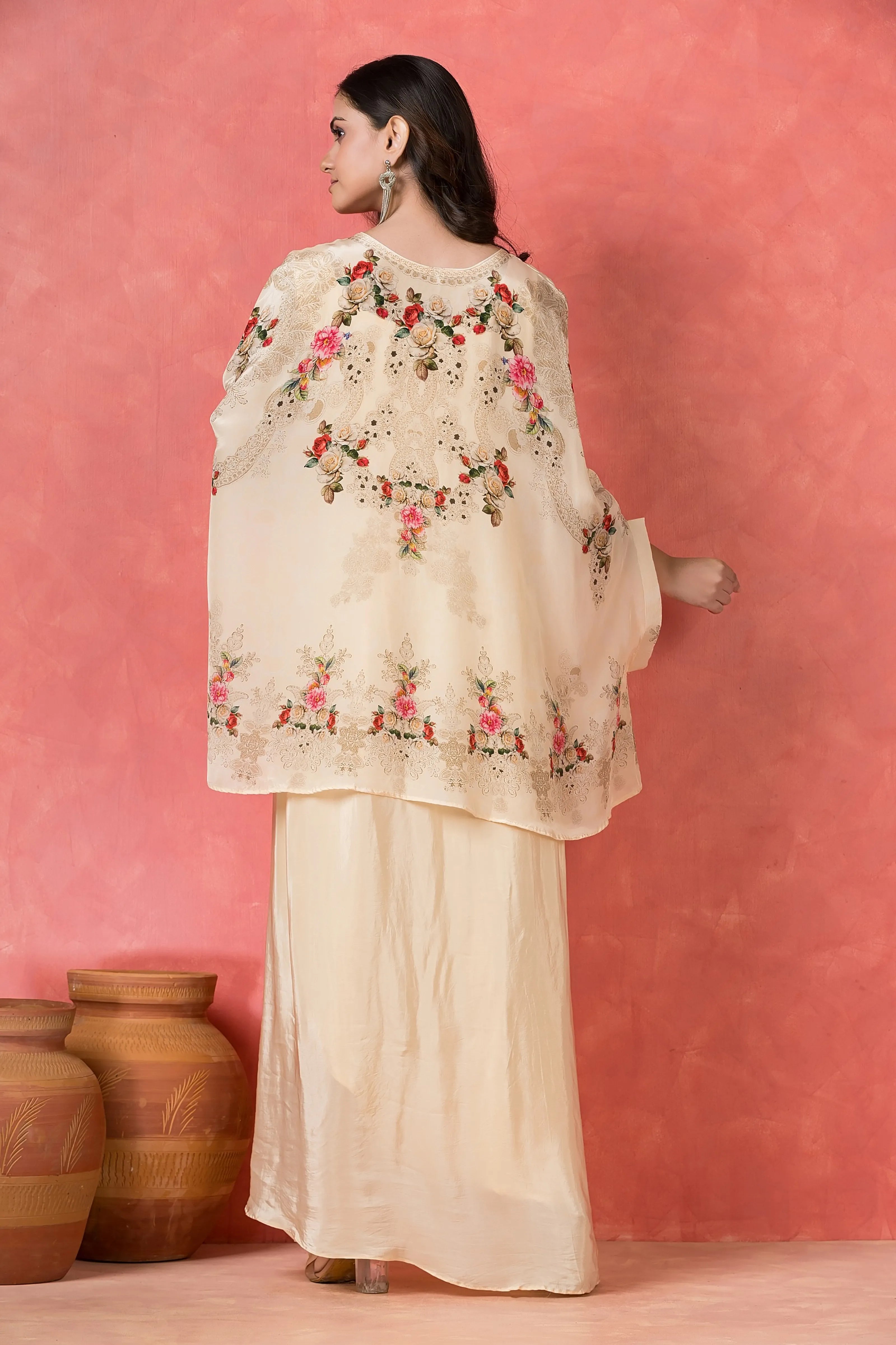 Cream White Floral Printed Kaftan-Style Overlay Gown Set in Crepe