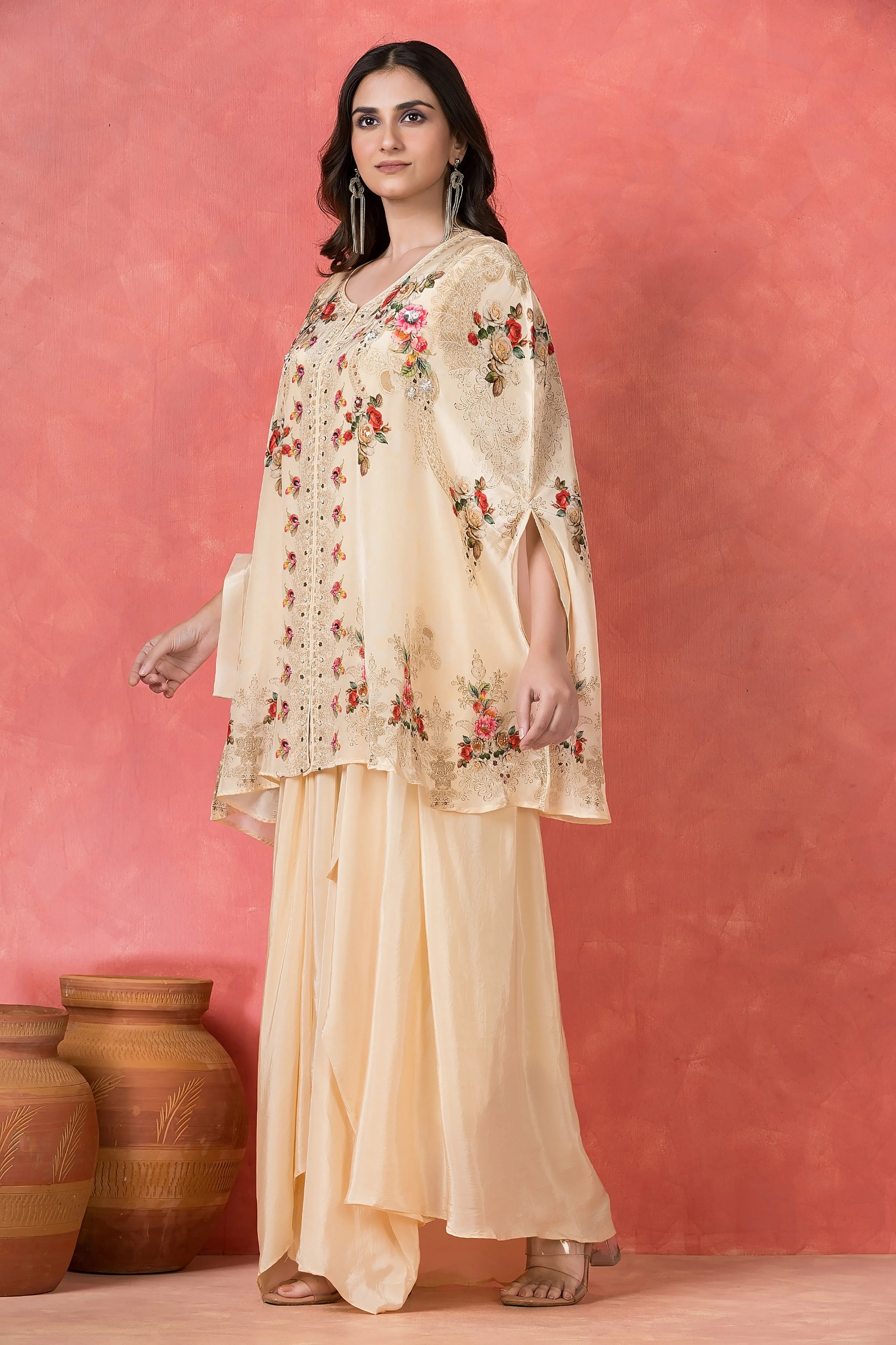 Cream White Floral Printed Kaftan-Style Overlay Gown Set in Crepe