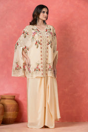 Cream White Floral Printed Kaftan-Style Overlay Gown Set in Crepe