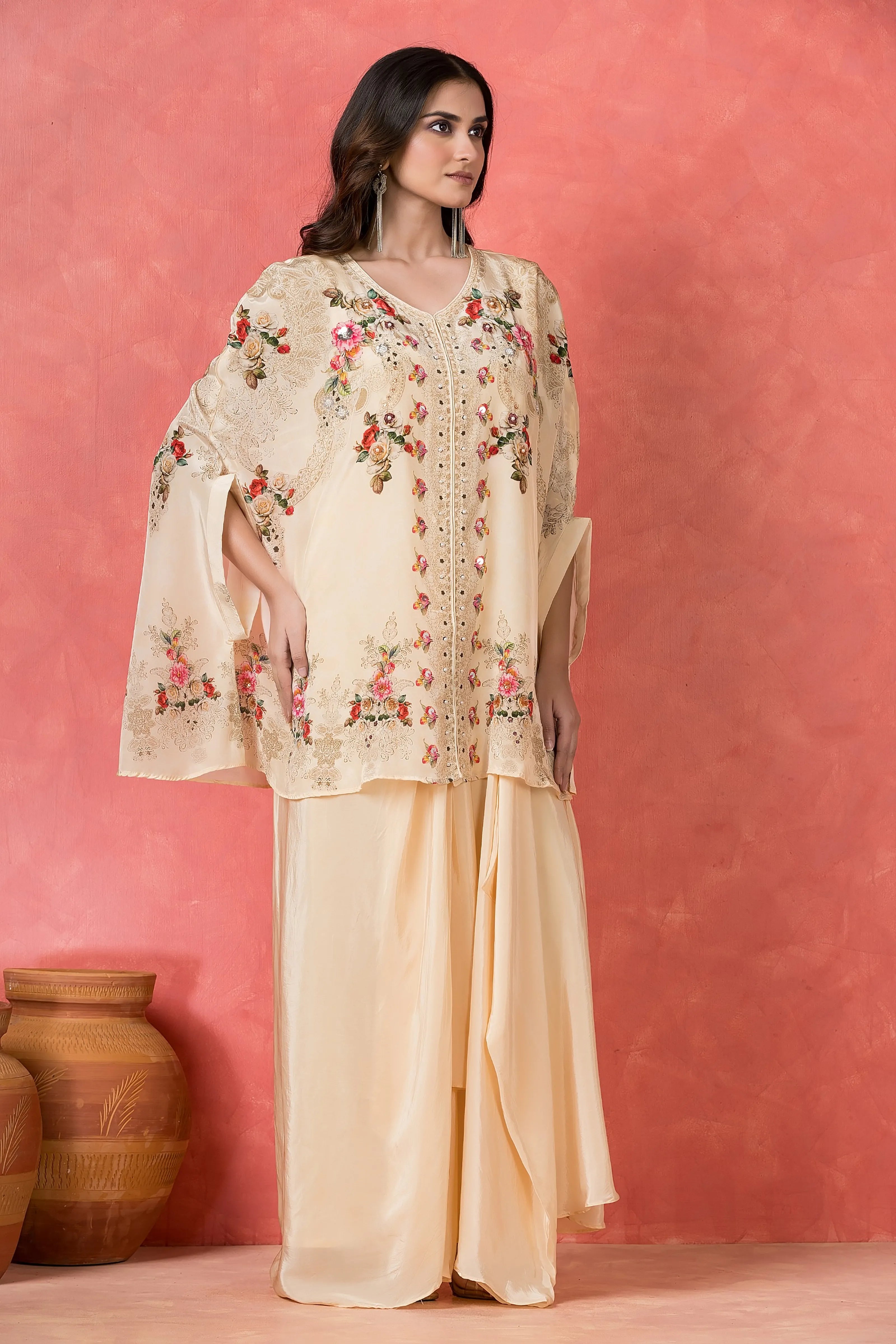 Cream White Floral Printed Kaftan-Style Overlay Gown Set in Crepe