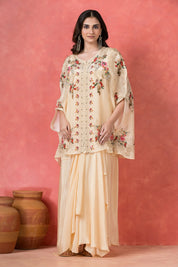Cream White Floral Printed Kaftan-Style Overlay Gown Set in Crepe