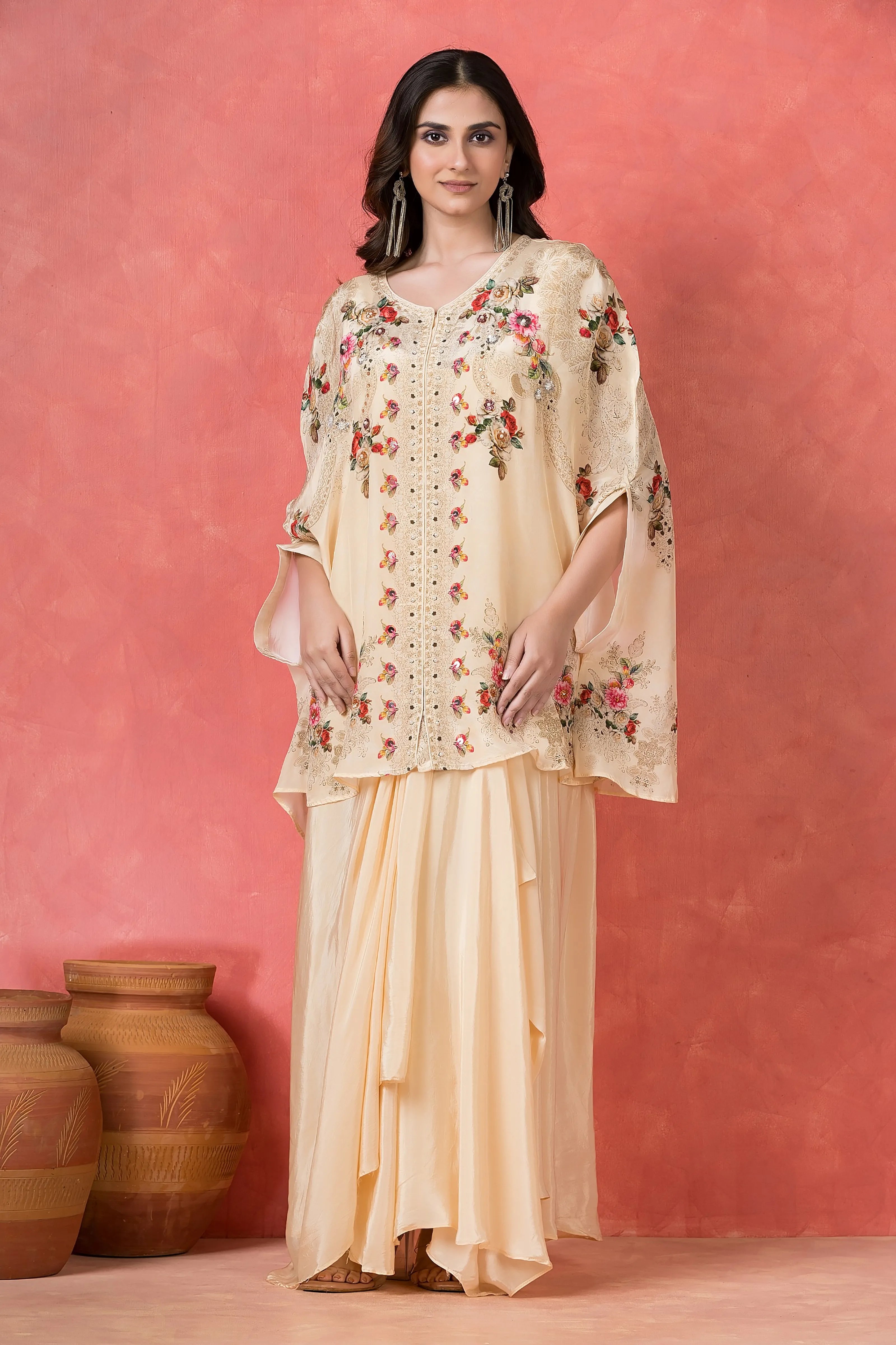 Cream White Floral Printed Kaftan-Style Overlay Gown Set in Crepe