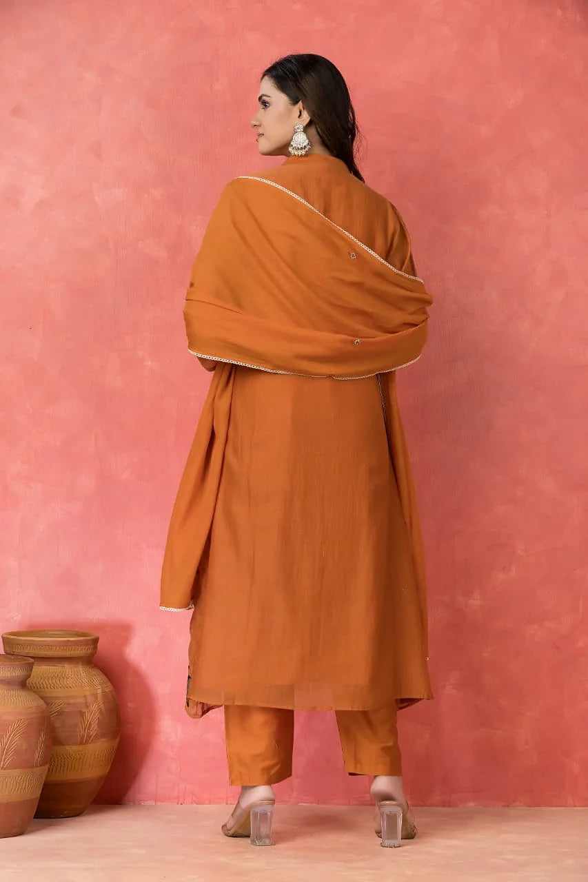 Orange Embroidered Kurta Set With Mul Chanderi Dupatta