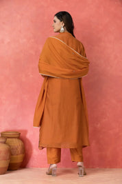 Orange Embroidered Kurta Set With Mul Chanderi Dupatta