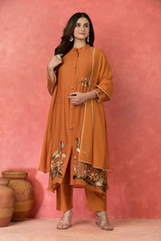 Orange Embroidered Kurta Set With Mul Chanderi Dupatta